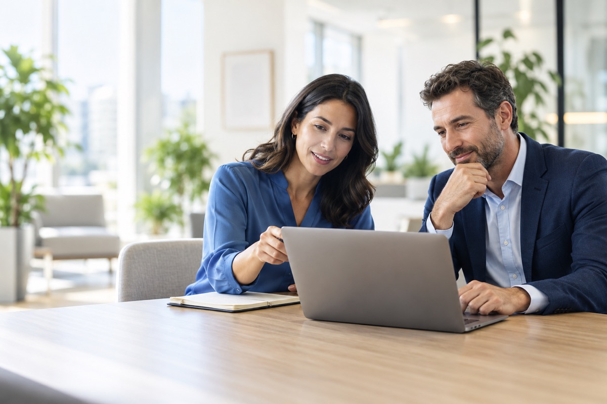 Two professionals reviewing information together on a laptop